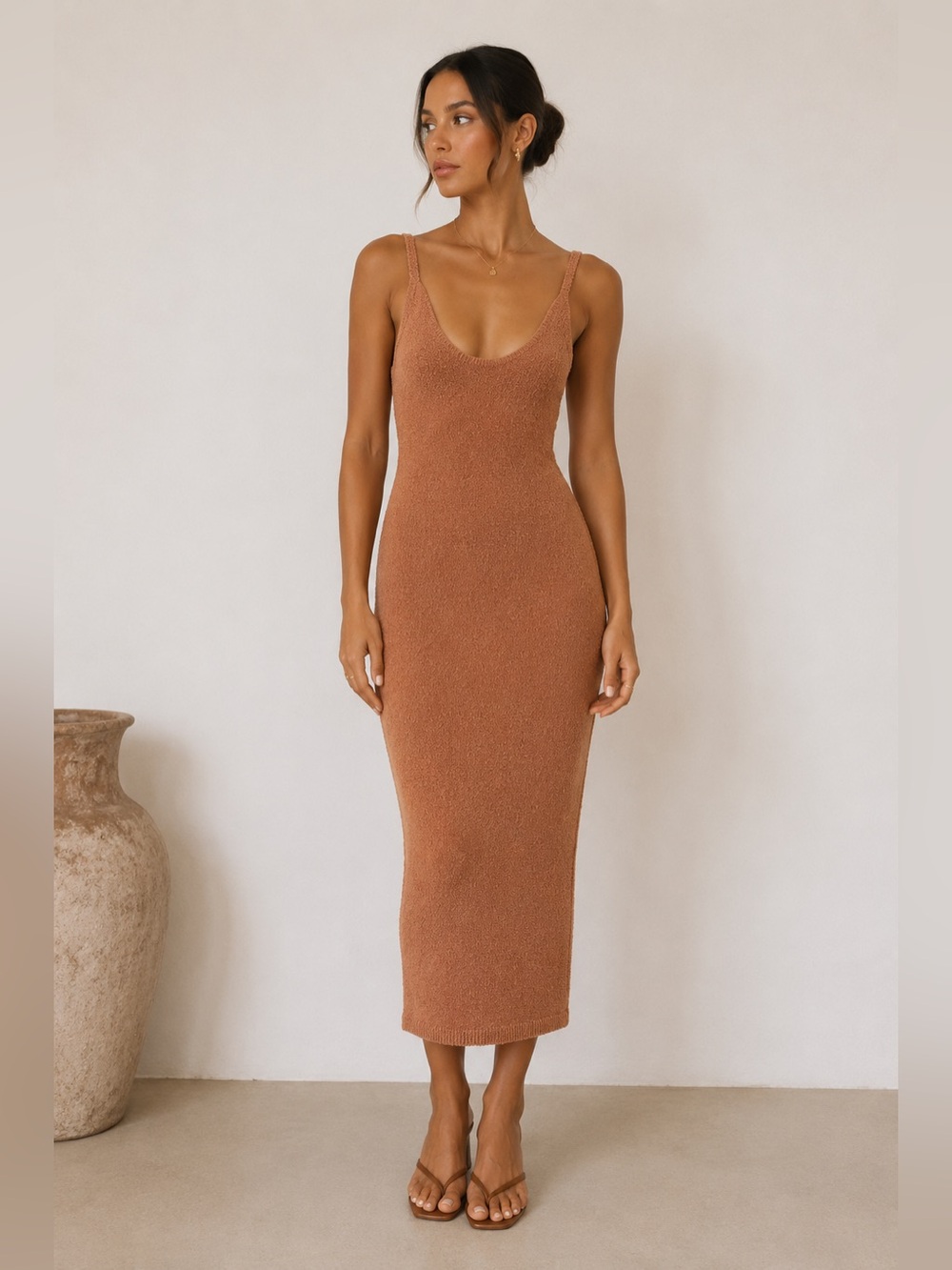 New! Tigerlily Panama Selma Boucle Knit Cotton Blend Midi Dress Camel🧡 sz 12 NWT